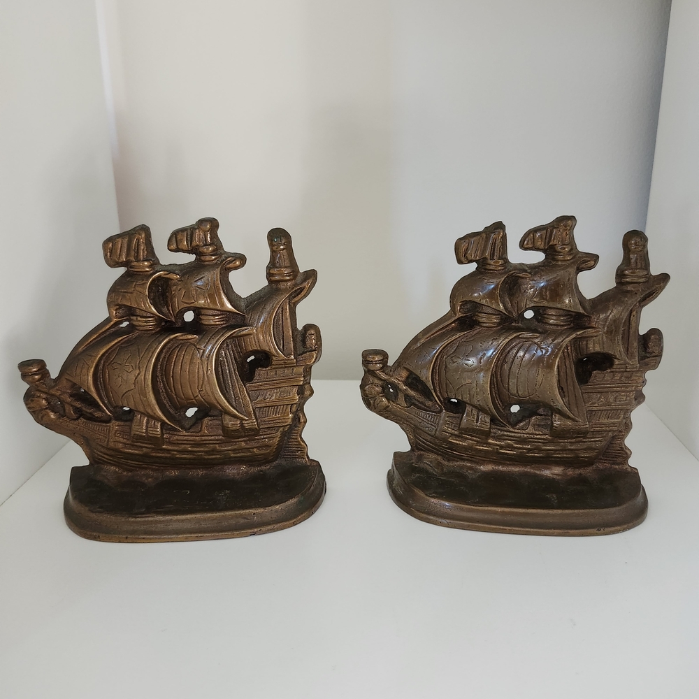 Vintage Cast Iron Spanish Galleon Ship Bookends - Cross & Emblem Sails 2 Lbs Eac
